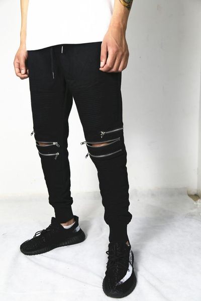 

slim fake zippers casual sport pants men women pants sweatpants drawstring joggers full length hip pop hole for men, Black