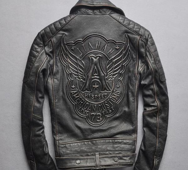 

men's motorcycle leather jacket frayed genuine leather hi speed outwear coats lapel zipper hi speed a wings, Black