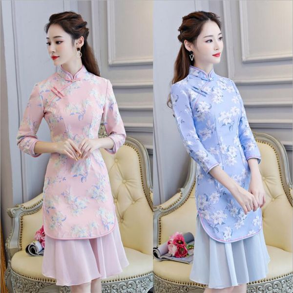 

2018 fashion modern vietnam ao dai dress for women half skirt qipao style dress ladies floral jacquard cheongsam s-2xl, Red