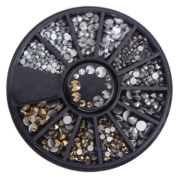 

1 box flat bottom rhinestones 3d nail art decorations in wheel mixed size manicure studs nail art accessories, Silver;gold