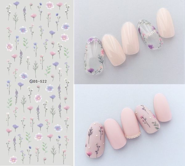 

1pcs ds522 purple pink flowers water transfer nails art sticker decal lavender floral leaves nail wraps tips, Black