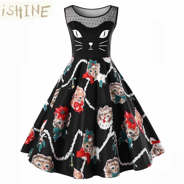 

оптовая продажа-ishine vintage 1950-х годов ретро хепберн стиль печати cat кружева тонкая талия flare dress женщины симпатичные party dress, White;black