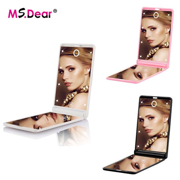 

foldable 3x magnifying compact pocket cosmetic mirror makeup mirror with illumination 2 sided 8 led touch screen travel