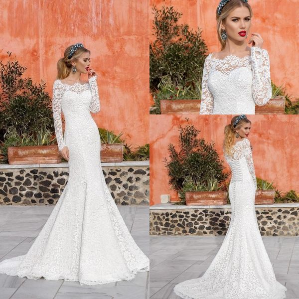 Acheter 2018 Robes De Mariée Manches Longues En Dentelle Romantiques Sirène Bateau Cou Balayage Train Train à Lacets Robes De Mariée Avec Manches