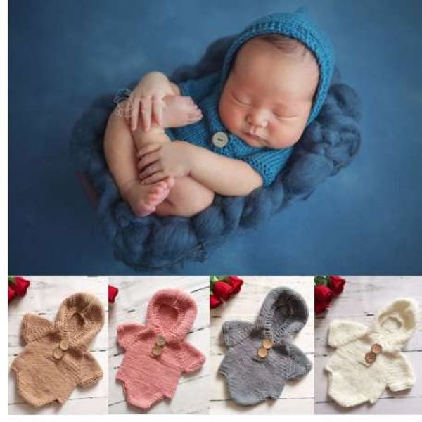 Puseky Pagliaccetto per neonato all'uncinetto lavorato a maglia Costume Prop Fotografia Fotografia Cappello per neonato Puntelli per foto Vestito con cappuccio per neonata