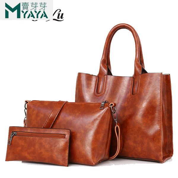 

3 pcs/set oil wax pu leather women bag casual female handbags large capacity composite bag big women shoulder bags