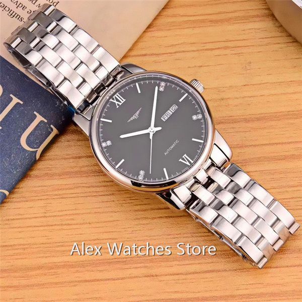 

men watches famous brand wristwatches gray dial 316l stainless steel case strap date mechanical automatic movement geneva male watch l55, Slivery;brown