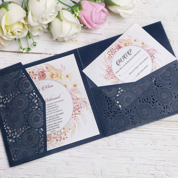 

navy blue 3 folds square wedding invitations cards with belt for wedding birthday engagement greeting invitations cards use rsvp cards, Black