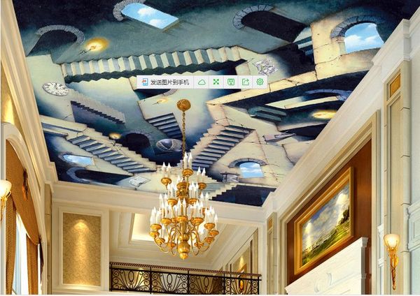 

3d ceiling wallpaper 3d dreamy criss-crossing staircase arches blue sky white clouds zenith draw