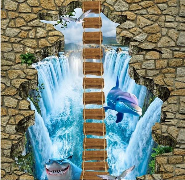 

pvc waterproof self-adhesive wallpaper waterfall shark rope bridge 3d three-dimensional outdoor floor painting