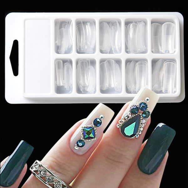 

100pcs false nail mold dual forms builder tips clear fan quick building clip finger extension uv gel tips glue nail tools be658, Red;gold