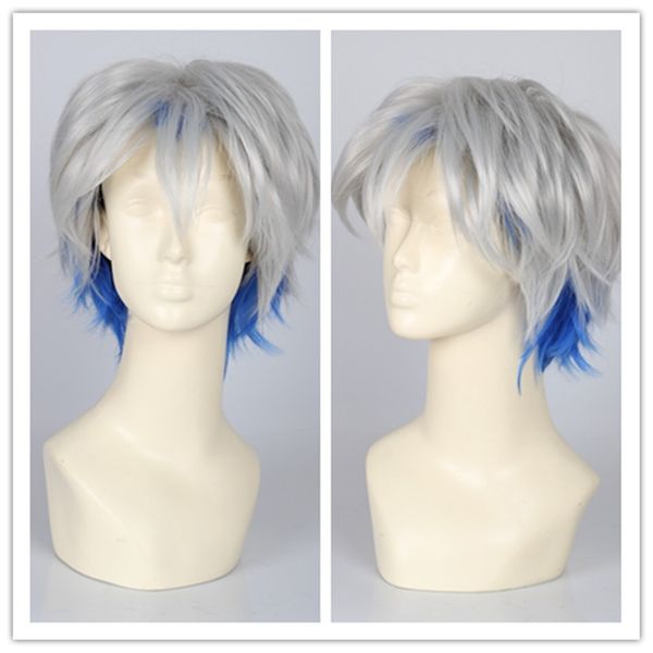 

cosplay wigs silver gray mix blue short men synthetic hair wigs, Black
