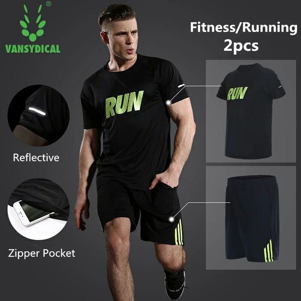 

vansydical running sport suits men's fitness short sleeve+shorts set sportswear basketball training gym jogging suit for mens, Black;blue