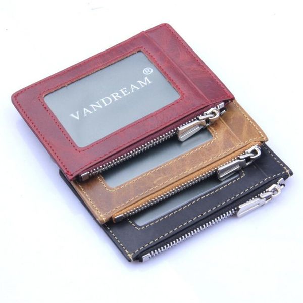 

wholesale 100% leather id pocket bank case thin zipper wallet men cash cards pack multi-card-bit pack bag purse, Red;black