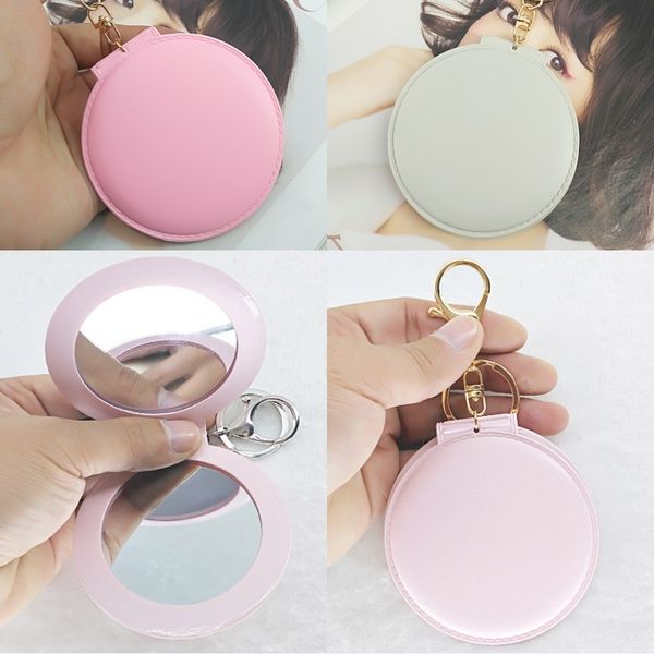 

14 styles portable mini folding makeup mirror keychain leather round double-sided mirror keyring bag key chains accessories dhl g786r, Silver