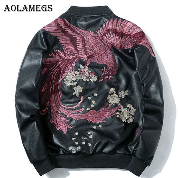 

aolamegs leather jackets men embroidery phoenix pu men's jacket stand collar fashion outwear men coat bomber jacket streetwear, Black;brown