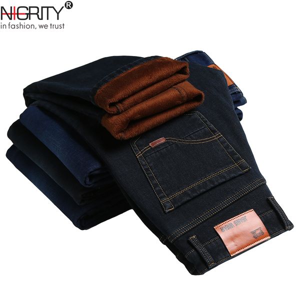 

nigrity winter thermal warm men fleece casual straight jeans stretch thick denim flannel soft pants trousers classic plus size, Blue