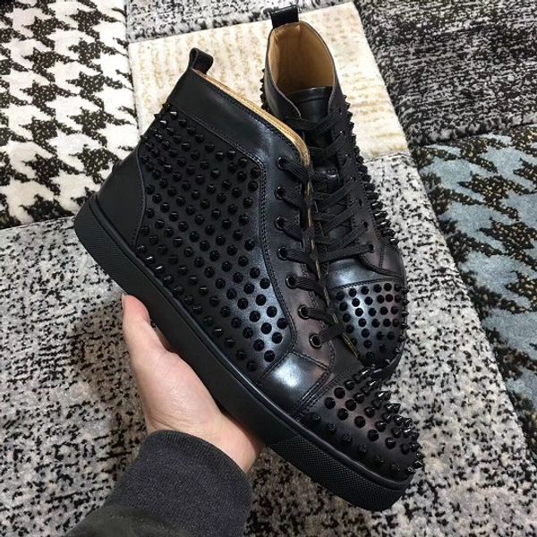 

марка классический стиль белый черный натуральная кожа мужчины high top red bottom кроссовки шипы повседневная обувь платье партии eu35-47, Black