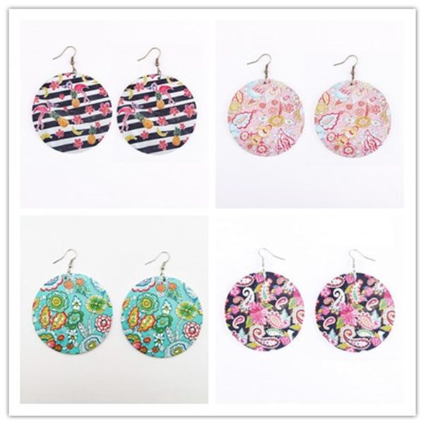 

2018 new trendy print floral wood statement earrings fashion wooden round disc print dangle earrings for women, Silver