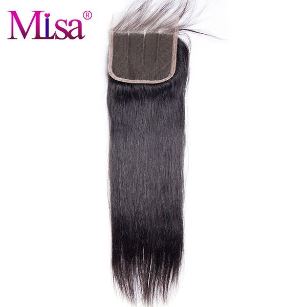 

mi lisa straight hair 4"x4" lace closure 1 piece only 100% human hair remy hand tied three part swiss lace, Black;brown