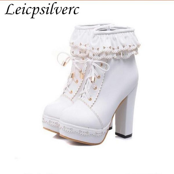 

women boot sweet lolita boots naked falbala hollow out and ankle boot waterproof thick high-heeled boots, Black