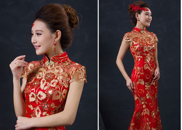 

red chinese wedding dress female long short sleeve cheongsam gold slim chinese traditional dress women qipao party cheongsams