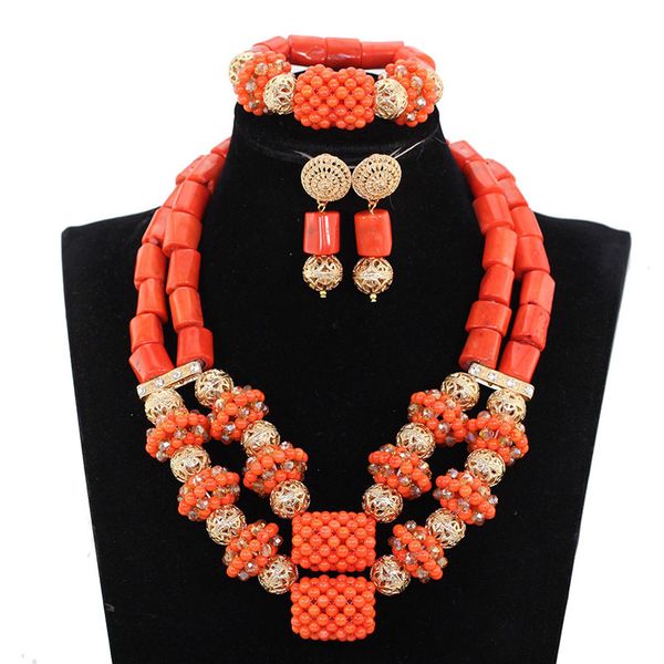 

2017 latest coral jewelry sets nigerian dubai orange necklace sets of beads african bridal jewelry cnr281, Slivery;golden