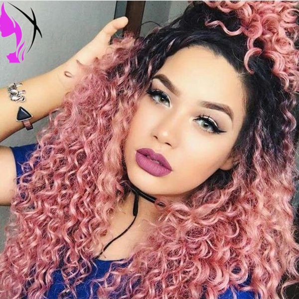 

long kinky curly synthetic lace front wigs black roots ombre pink full wig heat resistant fiber natural afro curly for women
