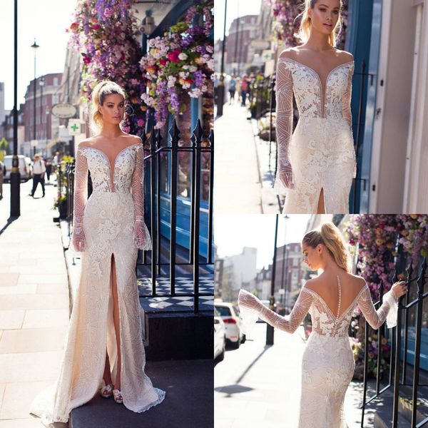 

2019 light champagne sheer neck mermaid wedding dresses deep v neck long sleeves high split lace beaded wedding bridal gowns, White