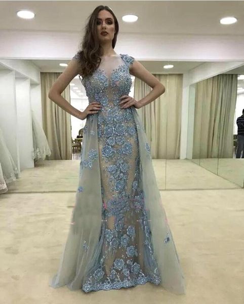 

Glamorous Cap-Sleeves Mermaid Evening Dresses Blue Beaded Pearls Arabic Formal Gowns Overskirt Hollow Back Prom Gowns