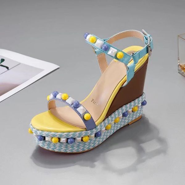 

original box] new arrival womens red bottom wedge sandals rivet pearl high heel summer party shoes size 35-41, Black