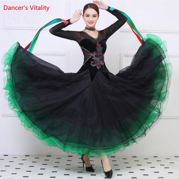 

professional lady ballroom dance competition dresses luxury diamond big swing dress women ballroom waltz performance costumes, Black;red