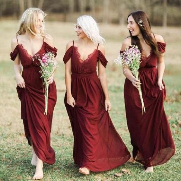 

off shoulder plus size country maid of honor dress lace chiffon burgundy bridesmaid dresses long a line bohemian spaghetti dress, White;pink