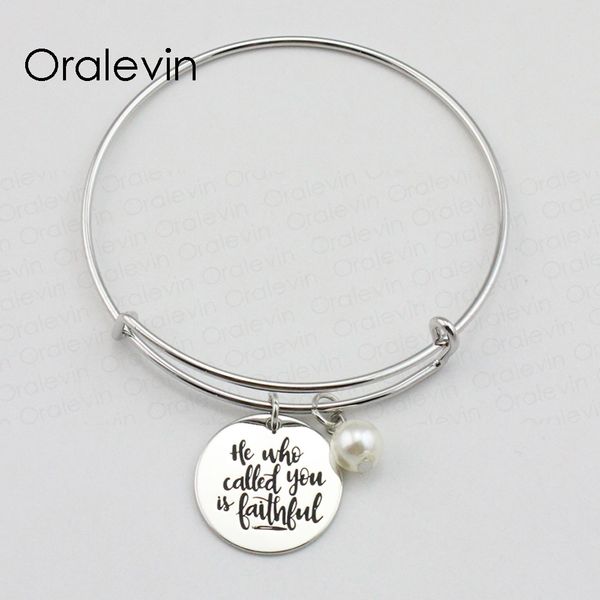 

he who called you is faithful inspirational hand stamped engraved pendant expandable bangle bracelet jewelry,10pcs/lot,#ln1862b, Black