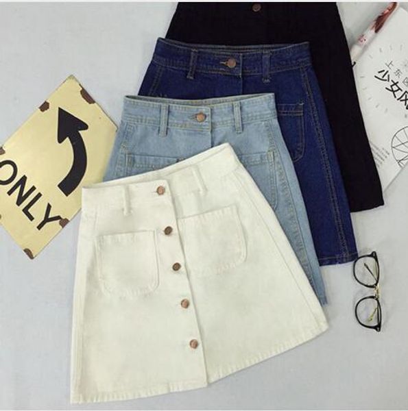 

new summer womens ladies a-line pencil jeans skirt front button high waist denim small pockets skirt black white harajuku