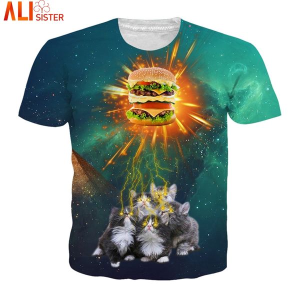 

alisister cat with hamburger 3d t shirt eur size animal galaxy t-shirts 2018 summer funny camisa masculina women tee unisex, White;black