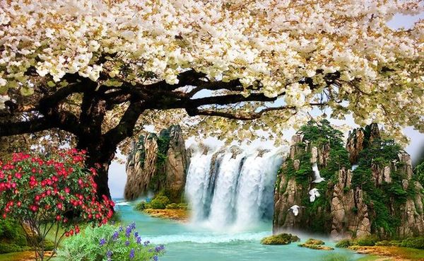 

custom p wallpaper ktv hd waterfall flowing water sakura background wall home decor living room wall covering