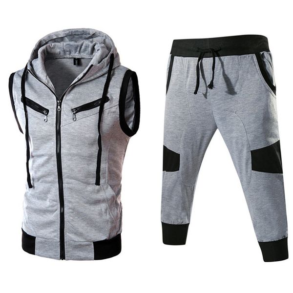 

men's hooded vest self-cultivation vest multiple zippers sleeveless sports pants sets #1106 487-733g, Gray