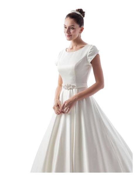 Novo simples a linha de cetim modesto vestido de casamento com mangas curtas cristais faixa botões de volta país ocidental lds vestidos de casamento custo255g