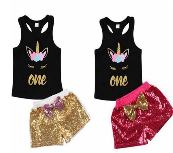 

малыш дети девочка единорог одежда набор мультфильм жилет майка блестки лук шорты наряды день рождения костюм для девочек, White