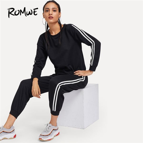 

romwe sport women striped side tape black sweatshirt and sweatpants running sets 2018 spring autumn workout exercise sport suits, Black;blue