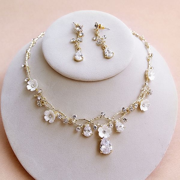 

champagne gold zircon bridal necklace earrings jewelry set for wedding dress party with resin flowers accessories bride romantic, Silver