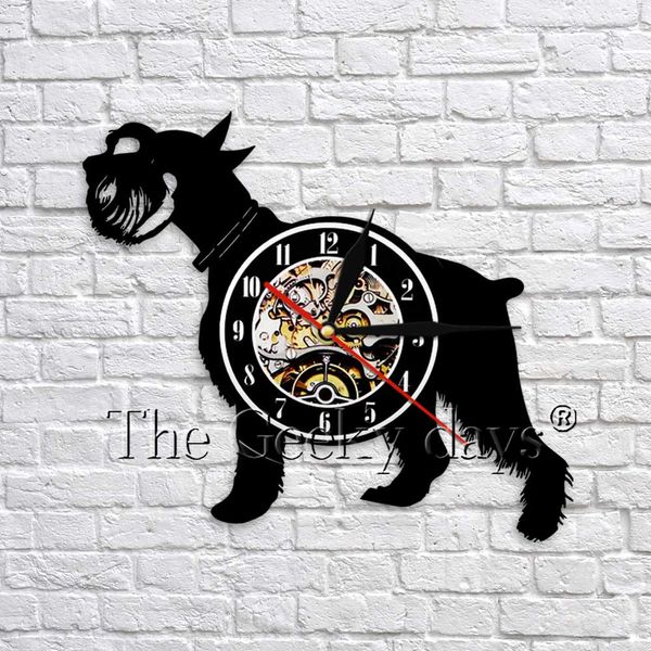 

1piece schnauzer dog silhouette wall art decor record wall clock animal puppy 3d clock unqiue gifts for pet lover