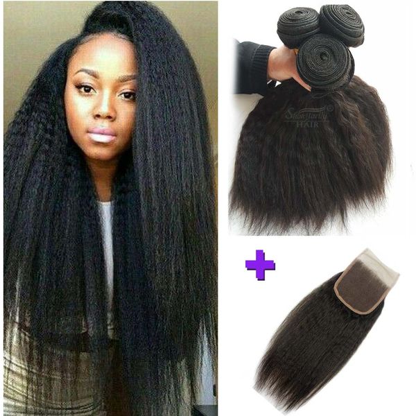 Human Hair Weave Yaki Kinky Straight Human Hair With Closure Sew