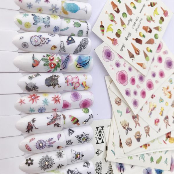 

1 pc blooming nail sticker flower/ice cream water decals peony cute animal deer wraps sliders for nail art decoration manicure, Black