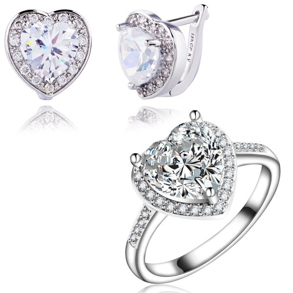 

yunkingdom love heart wedding jewelry sets white gold color clear cubic zirconia fashion earrings rings for women, Silver