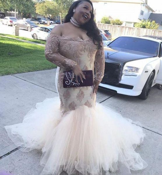 

south african plus size prom dresses off shoulder lace appliques long sleeves evening gowns tulle mermaid sweep train women formal wear, Black