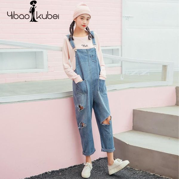 

2018 spring autumn ladies denim overalls women korean vintage loose ripped high waist harem jeans pants fashion female kz7142, Blue