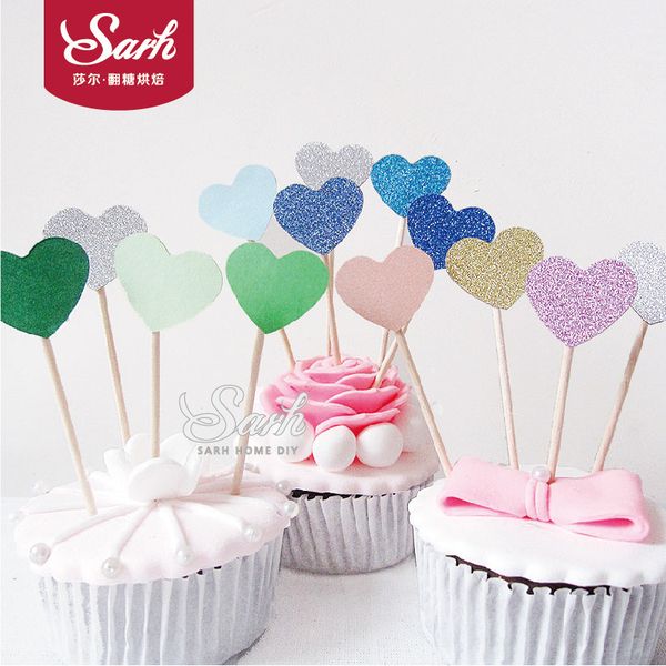 

10pcs/lot colored bling heart shape insert cards with toothpick cake decorations for wedding birthday party cute lovely gifts