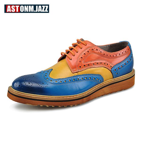 

men's casual genuine leather oxfords shoes lace-up pointed toe dress shoes mixed color wedding office career brogues, Black